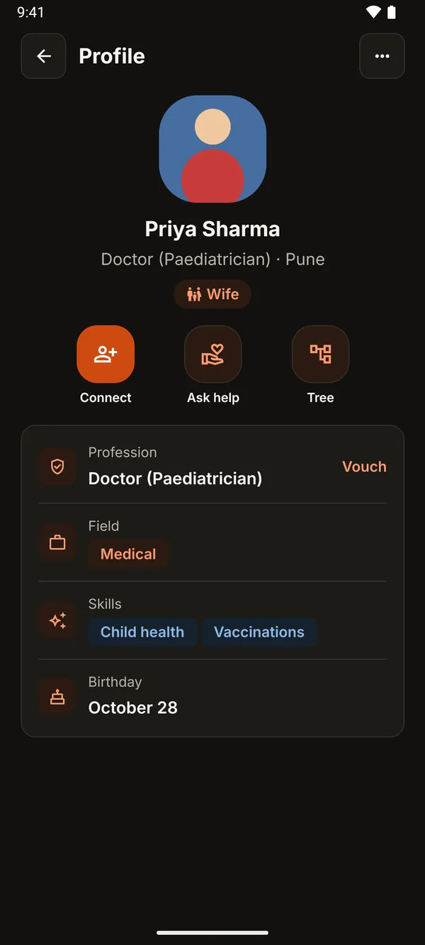 A relative's profile with profession, field, skills and Connect and Ask help buttons